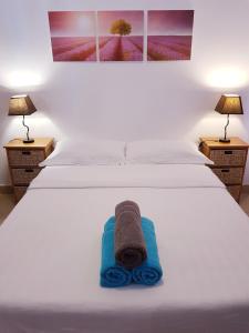 ein Bett mit einem Handtuch darauf mit zwei Lampen in der Unterkunft La Perla Holiday Apartments in Pereybere