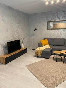 a living room with a couch and a flat screen tv at Maja apartman in Dunajská Streda