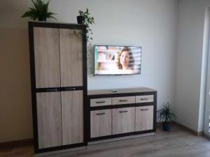 een tv aan een muur in een kamer met een kast bij Uniejów Apartament in Uniejow