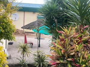 a patio with a red chair and an umbrella at Kang B&B in Mtubatuba