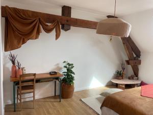 um quarto com uma secretária e uma cama com uma cortina em Les Epicuries de la ferme Ecolodge 