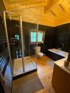 a bathroom with a shower and a tub and a toilet at Chalet with style in the beautiful Val Ferret in Praz-de-Fort