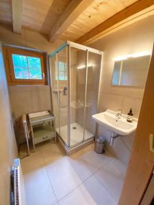 a bathroom with a shower and a sink at Chalet with style in the beautiful Val Ferret in Praz-de-Fort