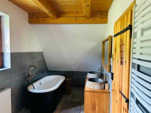 a bathroom with a bath tub and a sink at Wilk u Drzwi in Ustrzyki Dolne
