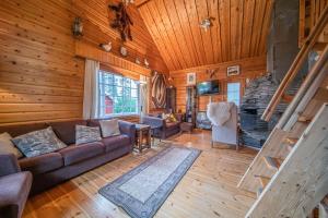 a living room with a couch and a fireplace at Immelkolo in Levi