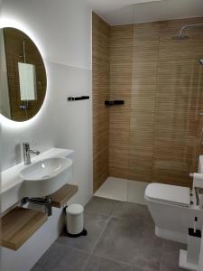 La salle de bains est pourvue de toilettes, d'un lavabo et d'une douche. dans l'établissement AturCangas, à Cangas de Onís