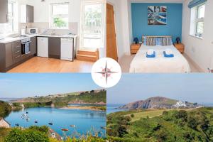a collage of three pictures of a kitchen and a bedroom at River View at White Horses, Bantham, South Devon with glorious estuary views in Bigbury on Sea