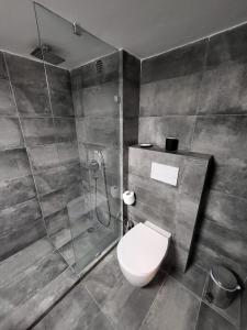 een badkamer met een douche, een toilet en een douche bij Spacious Apartment In N. Smirni in Athene
