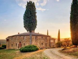 Una vieja casa de piedra con un árbol en un camino de tierra. en Podere Argena, en Lucignano