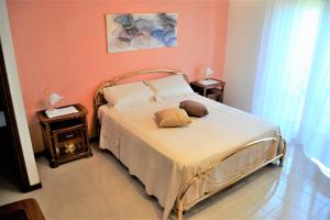 1 dormitorio con 1 cama con 2 almohadas en B&B La Terrazza sul Parco, en Sulmona