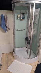 a shower with a glass door in a bathroom at Au dessus des arcades in Vic-Fezensac