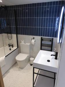łazienka z toaletą, umywalką i wanną w obiekcie Fabulous Ground Floor Apt Adjacent to Beach w mieście Rhosneigr