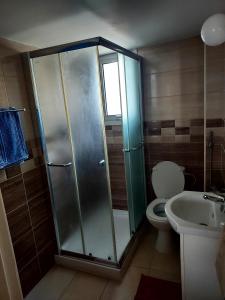 ein Bad mit einer Dusche, einem WC und einem Waschbecken in der Unterkunft Sea Apartments in Larnaka