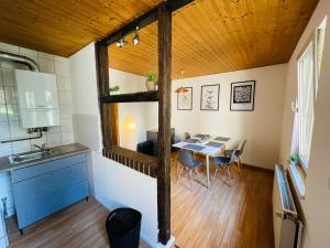 a kitchen and dining room in a tiny house at Modernes Appartement "Tom" mit 3 Schlafzimmern in Kröllwitz