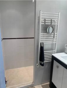 uma cozinha com um frigorífico e uma toalha num suporte em La Petite Perle em Cogolin