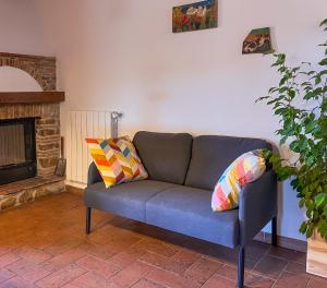 a blue couch with two pillows in a living room at Agriturismo Schiaccia Ghiande in Massa Marittima