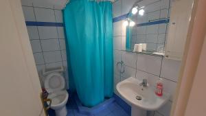 a blue shower curtain in a bathroom with a toilet and sink at Anarrousa Studios & Apartments in Evdilos