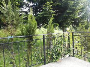 una valla de hierro negro con un jardín con árboles en Жанет en Kalofer