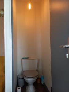 uma casa de banho com um WC com uma luz por cima em Maison Thalène em Longraye