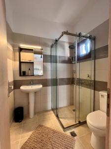 La salle de bains est pourvue d'une douche, d'un lavabo et de toilettes. dans l'établissement Sea breeze houses, à Monolithos