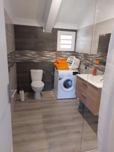 een badkamer met een toilet en een wasmachine bij T3 2 chambres plus mezzanine Saint leu 3mn à pied du lagon in Saint-Leu