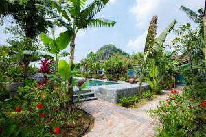 a garden with a swimming pool and many plants at ChezCao Rice Field Ecolodge Ninh Binh in Ninh Binh