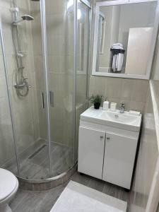 La salle de bains est pourvue d'une douche, d'un lavabo et de toilettes. dans l'établissement Appartement cosy à Rabat, à Rabat