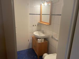 W łazience znajduje się umywalka, lustro i toaleta. w obiekcie Seeblick Wohnung 102 mit Ostseeblick w Koserowie