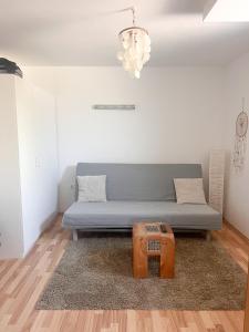 uma sala de estar com um sofá azul e uma mesa em Lovely basement rental em Bled