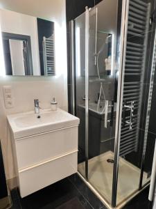 un bagno con lavandino e doccia di Modern cozy studio with backyard ad Anversa Altre 36 foto