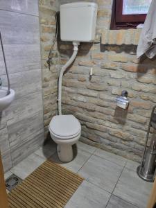 a bathroom with a toilet and a stone wall at Cottage in Apatin