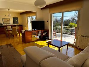 a living room with a couch and a television and a table at Apartments & Rooms Marina in Dramalj