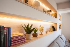 a shelf in a living room with books and plants at Museo Evolución - Apartamentos Burgos Deluxe in Burgos
