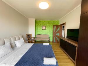 salon z łóżkiem i telewizorem w obiekcie Amazing view central 1 bedroom apartment w mieście Pazardżik