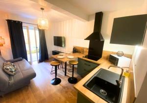 uma sala de estar com um sofá e uma cozinha com um lavatório em Côté Cour - Poitiers - La Conciergerie. em Poitiers