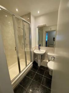 a bathroom with a shower and a toilet and a sink at Apartment In Birmingham City Centre in Birmingham