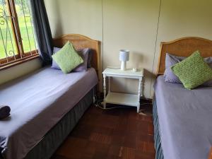 a bedroom with two beds and a night stand with a table at Swallowfield Cottage in Champagne Valley