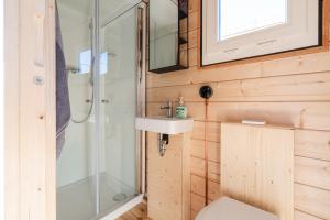 a bathroom with a shower and a toilet and a sink at Tolles Tiny-Hausboot GÜNTER mit Dachterrasse in Hamburg