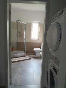 La salle de bains est pourvue d'une douche et d'un lave-linge. dans l'établissement Apartament b&b Rădăuți, à Rădăuţi