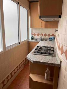 eine kleine Küche mit einem Herd und zwei Fenstern in der Unterkunft Apartamento Enriqueta in Granada