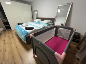 a bedroom with a bed and a large mirror at Stylish 1-bedroom condo close to exhibition square in Basel