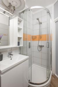 ein Bad mit einer Dusche, einem Waschbecken und einem WC in der Unterkunft My Way room, parking, sea view, terrace in Rijeka