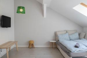 a living room with a couch and a tv at High Light Apartment in Budapest