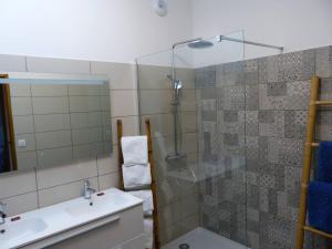 La salle de bains est pourvue d'une douche, d'un lavabo et d'un miroir. dans l'établissement Gite de la Place, à La Palud-sur-Verdon