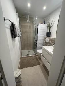 a bathroom with a shower and a toilet and a sink at Stylish 1-bedroom condo close to exhibition square in Basel