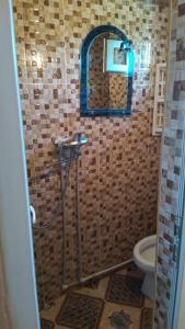 een badkamer met een douche en een toilet bij Guesthouse Solomon in Chvibiani