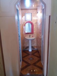 een badkamer met een wastafel en een spiegel bij Guesthouse Solomon in Chvibiani