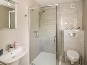a bathroom with a shower and a toilet and a sink at Beach House in Gorey