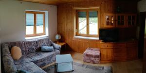 a living room with a couch and a tv at CHALET DORFER in Sankt Lorenzen ob Murau