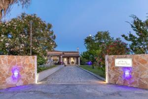 a driveway to a house with a gate with purple lights at Villa Sand Dune in Agios Georgios